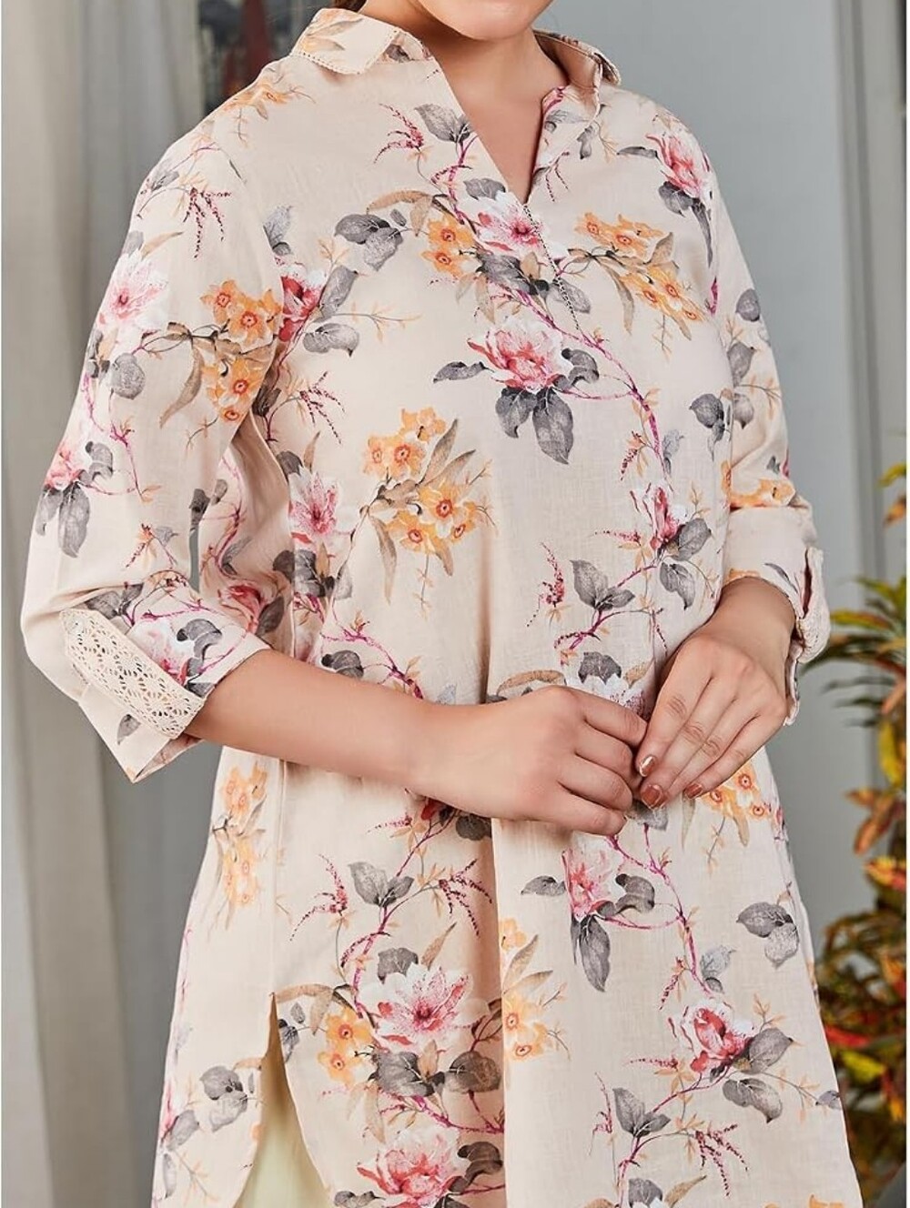 BIBA Cotton Linen Floral High Low Tunic Shirt Kurta Pastel Pink Size 32 Small